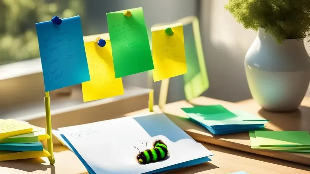 Grüne, blaue und gelbe Post-Its auf einem sonnenbeschienenen Tisch am Fenster, mit einer grün-schwarz gestreiften Raupe, die über ein Papier krabbelt.