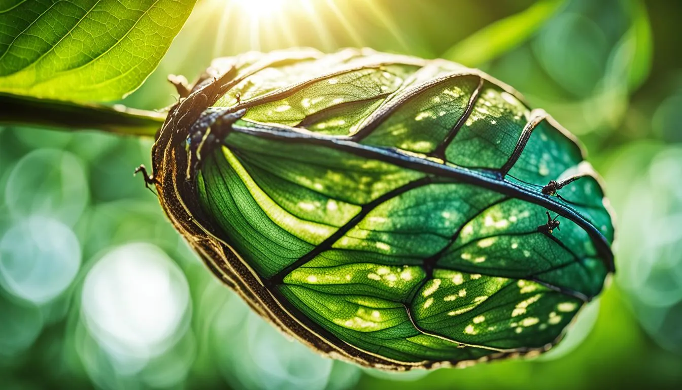 Grüner Kokon eines Insekts im Sonnenlicht